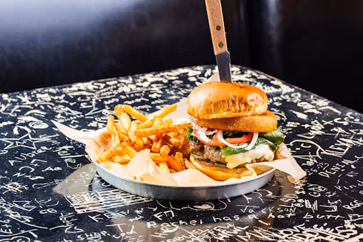 burger and fries, stellas lounge